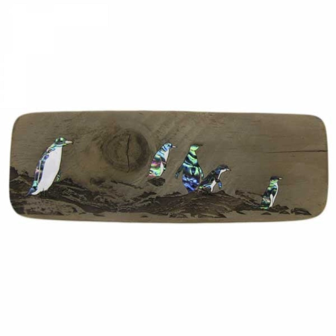 Recyclewood & Paua Shell Wall Art - penguins