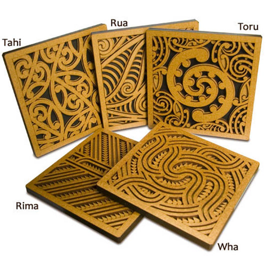 Set of 5 Wooden Kowhaiwhai Tile Art