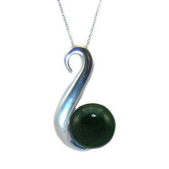 Sterling Silver and Greenstone Contemporary Fish Hook Pendant